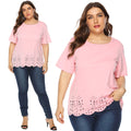 New Chubby Women Shirts  3XL 4XL 5XL 6XL Summer Plus Size Tops for Women Large Short Sleeve Loose Hollow Out Pink O-neck Shirts
