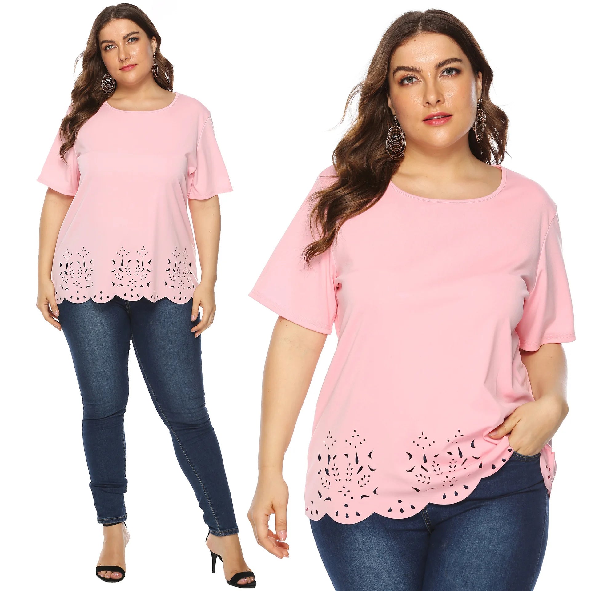New Chubby Women Shirts  3XL 4XL 5XL 6XL Summer Plus Size Tops for Women Large Short Sleeve Loose Hollow Out Pink O-neck Shirts