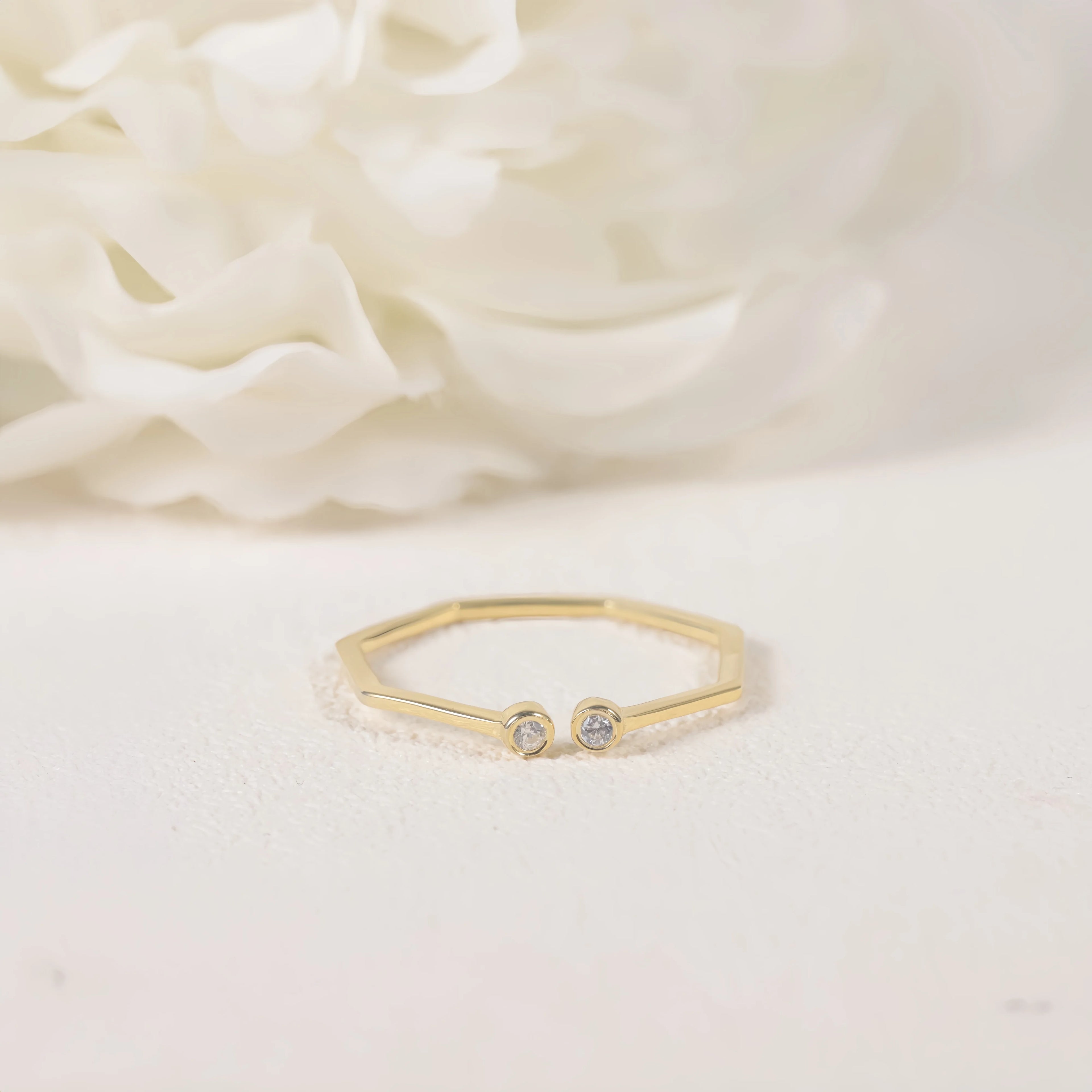 Geometrical Hexagon Thin Promise Solid Gold Open Finger Ring 2 Stone Lab Diamond Eternity Band Openings Ring Stacking
