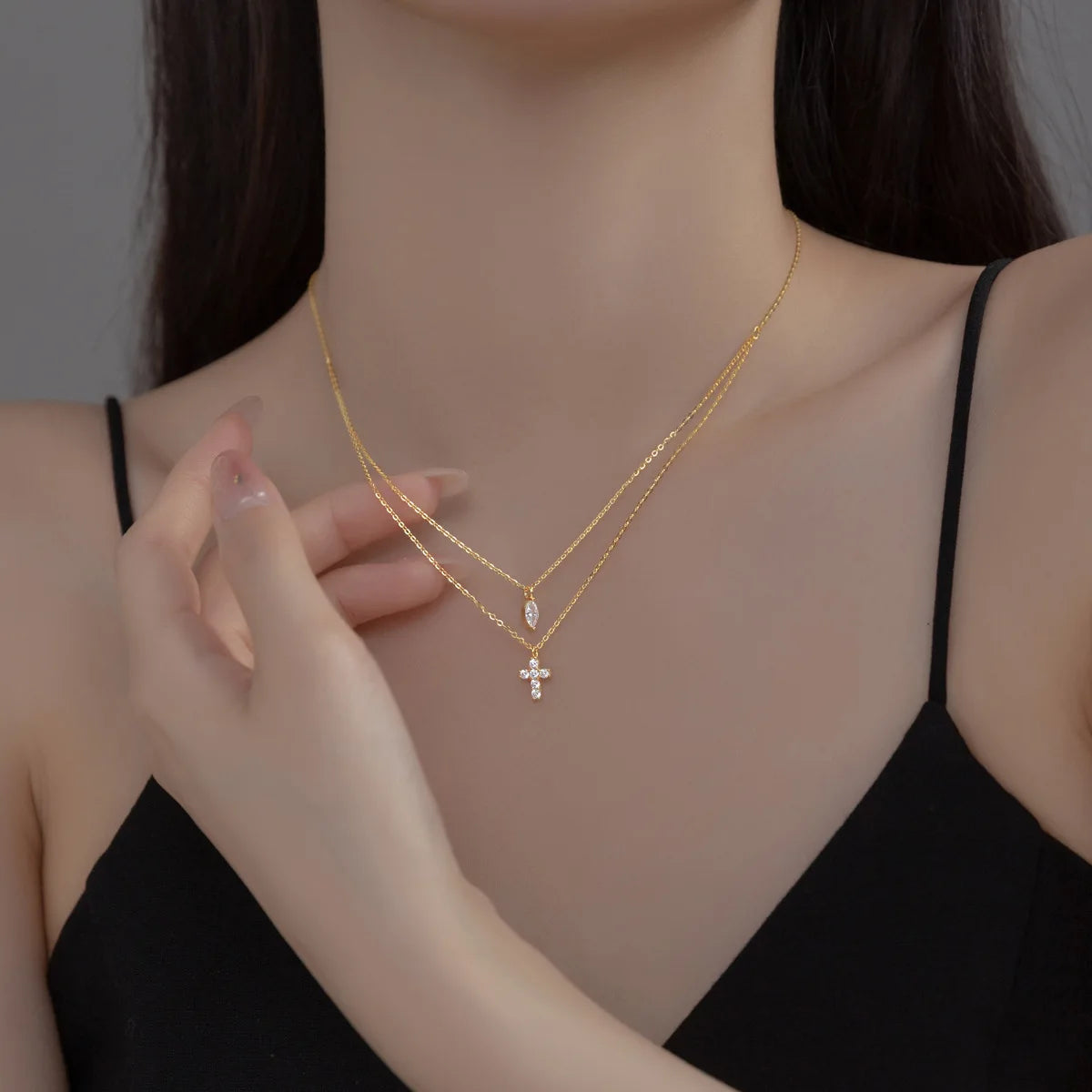 Dainty 925 Sterling Silver Micro Insert Zircon Drop and Cross Pendant Necklace Gold Plated Double Layer Necklace for Women