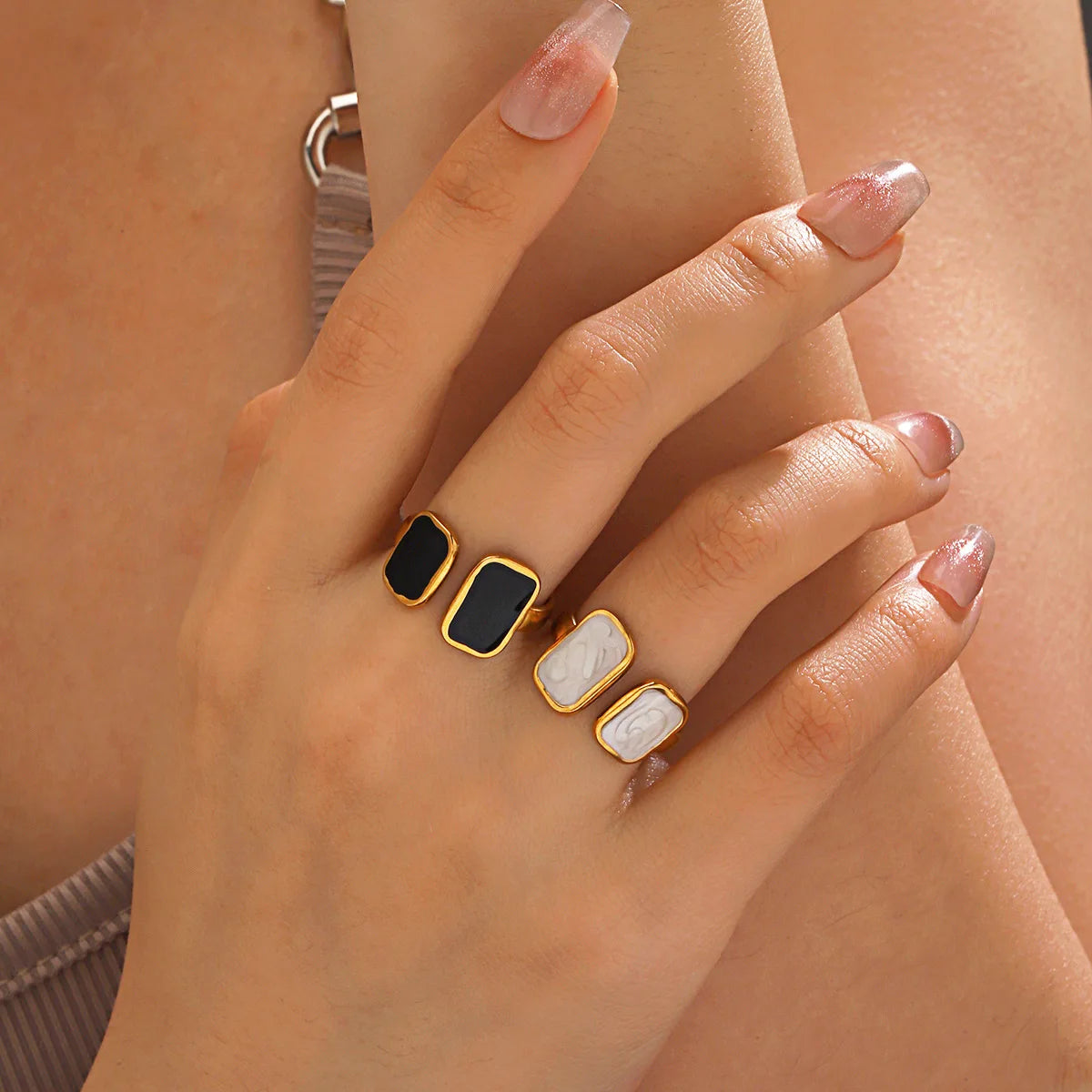 Trendy Vintage Style 18K Gold Plated Waterproof Geometric Square Oil Drip Stainless Steel Open Ring