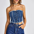 Women's Customizable Solid Short Tube Denim Tank Top Tie Back Eyelet Raw Hem Casual Summer Eco-Friendly Breathable Woven