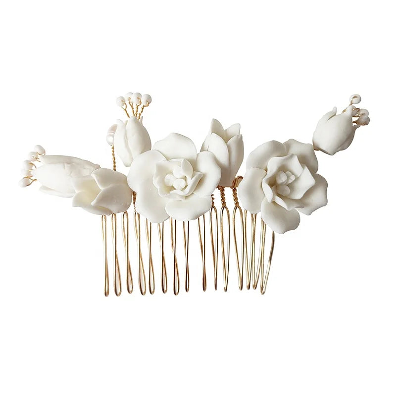 Handmade Ins Style Ceramic Floral Hair Combs Rose Flower Tiara Bridal Headpiece for Weddings