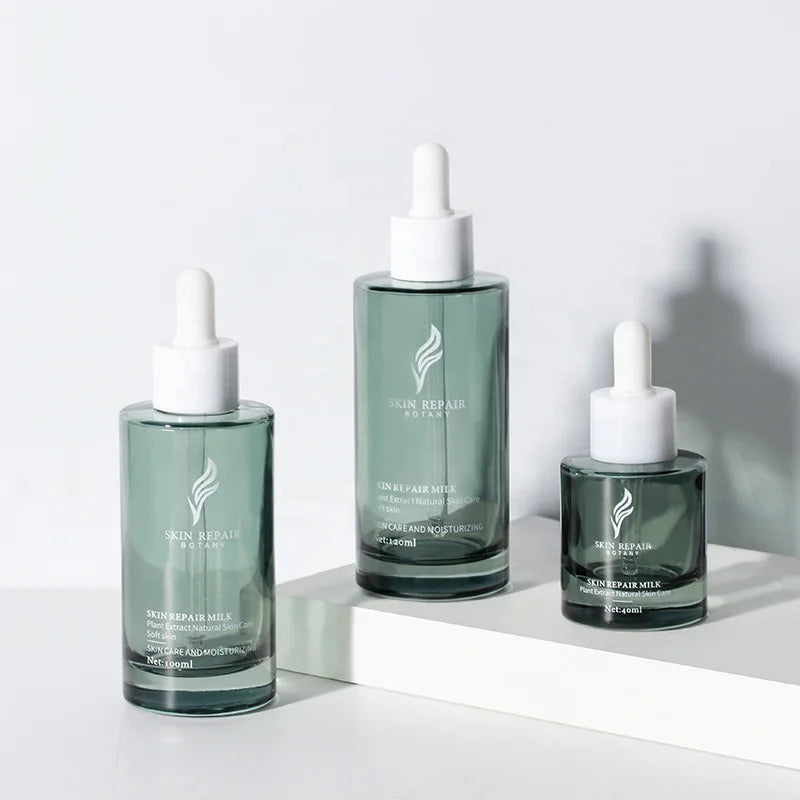 Cosmetic Skincare Serum Essence Packaging Green Glass Bottle Flat Shoulder Essential Oil Dropper Bottle 15ml Plastic Caps