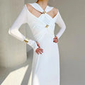 Fashionable Halter Pleated Solid Color Off Shoulder Long Sleeve Pocket Casual Slip Midi Classic Elegant Dresses Women