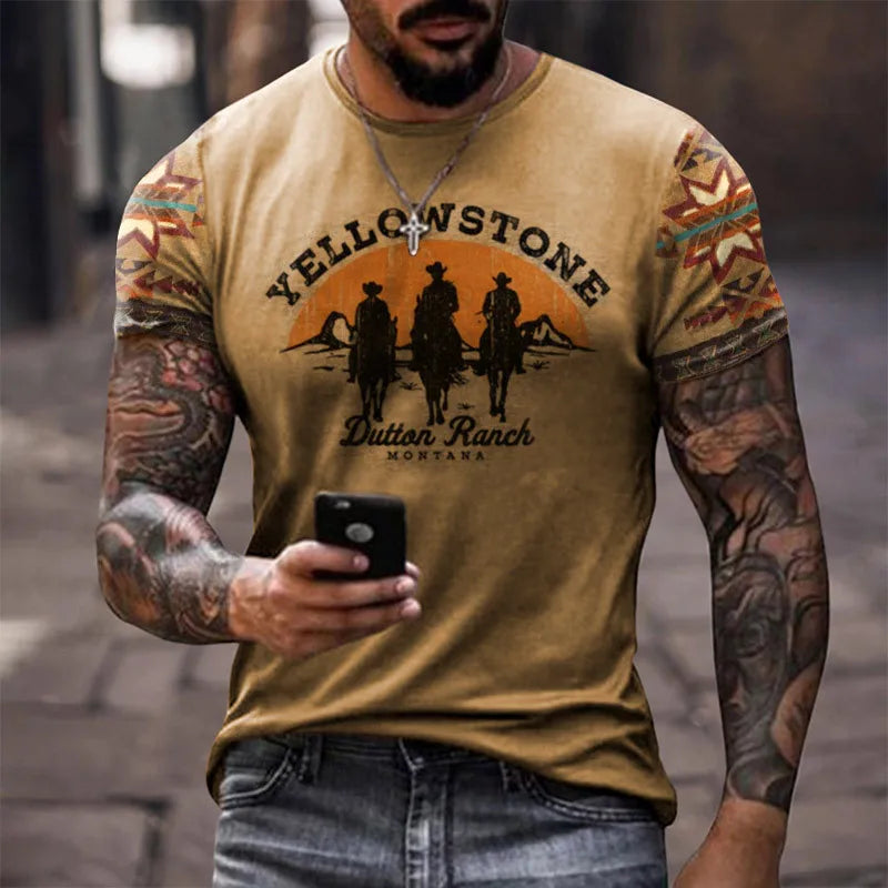 2024 Summer Yellowstone Western Cowboy Style T-Shirts for Men Plus Size O Neck Short Sleeve Tops Digital Printing Letter Pattern