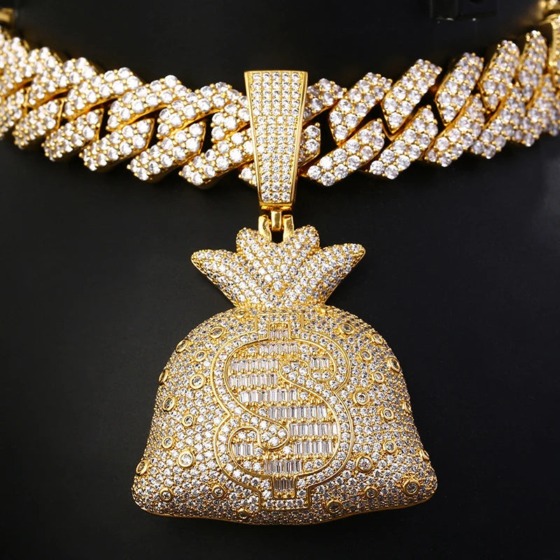 GZYS JEWELRY Wholesale Good Quality Hip Hop Dollar Pendant Gold Plated Iced Out Money Bag Pendant with Tennis Chain