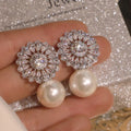 Huitan 2026 New Fashion Korean White Pearl Drop Earrings for Women 3A Zirconia Round Imitate Fresh Water Pearl Earrings