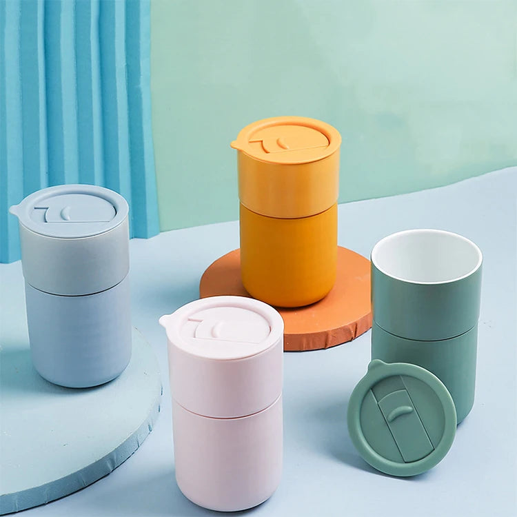 Direct Selling Cross-border Casual 12 oz Portable Coffee Cup Ceramic Travel Tea Mug with Plastic Lid