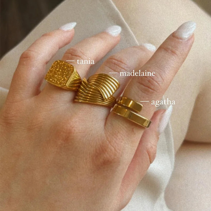 Ilona 18K Gold Plated Stainless Steel Croissant Ring No Fading Trendy Statement Twisted Rope Ring Jewelry for Women