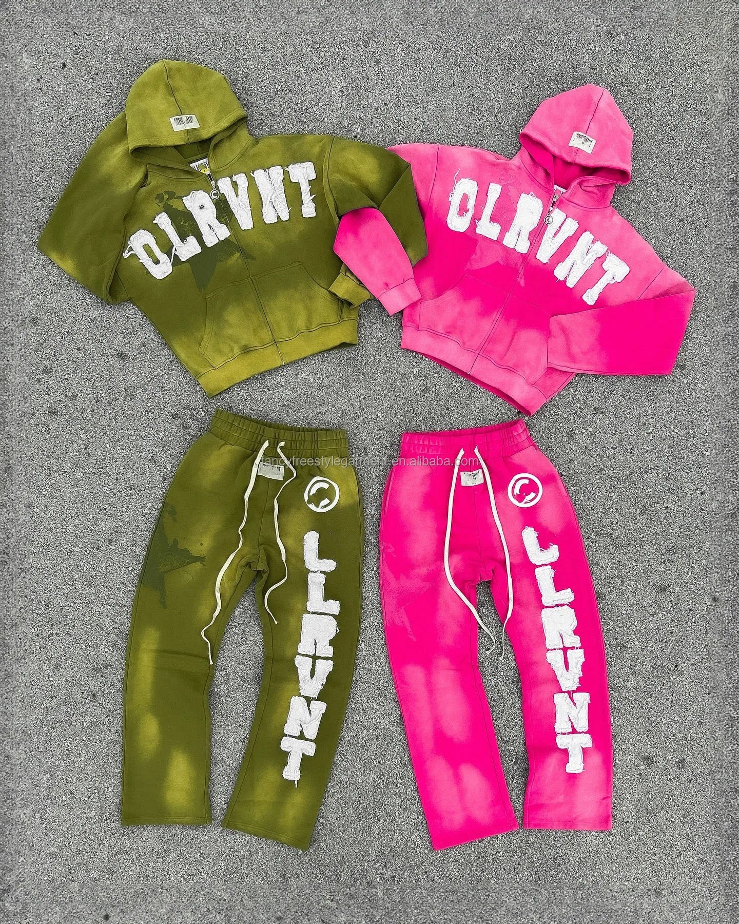 Y2K Streetwear Distressed Embroidery Applique Sweatsuit Thick French Terry Acid Wash Tracksuit Baggy Sweatpants and Hoodie Set