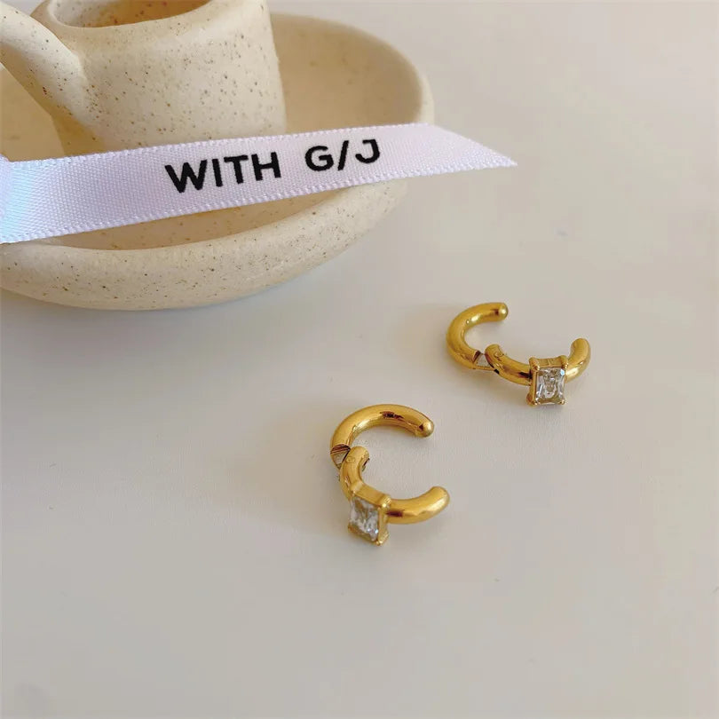 18k Gold Plated Stainless Steel Cubic Zirconia Cuff Earring Minimalist Square Diamond Non Pierced Clip on Earring YF3352