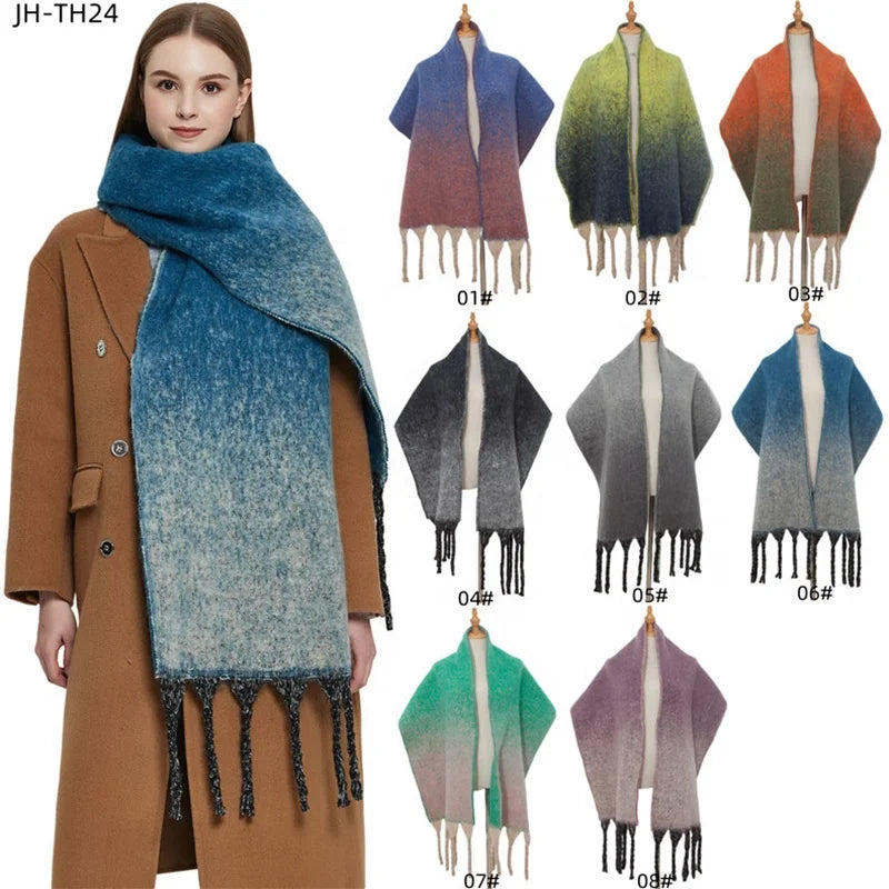 Landfond Accessory Europe and America Winter Warm Looped Yarn Coarse Fringe Scarf Gradient Ramp Scarf