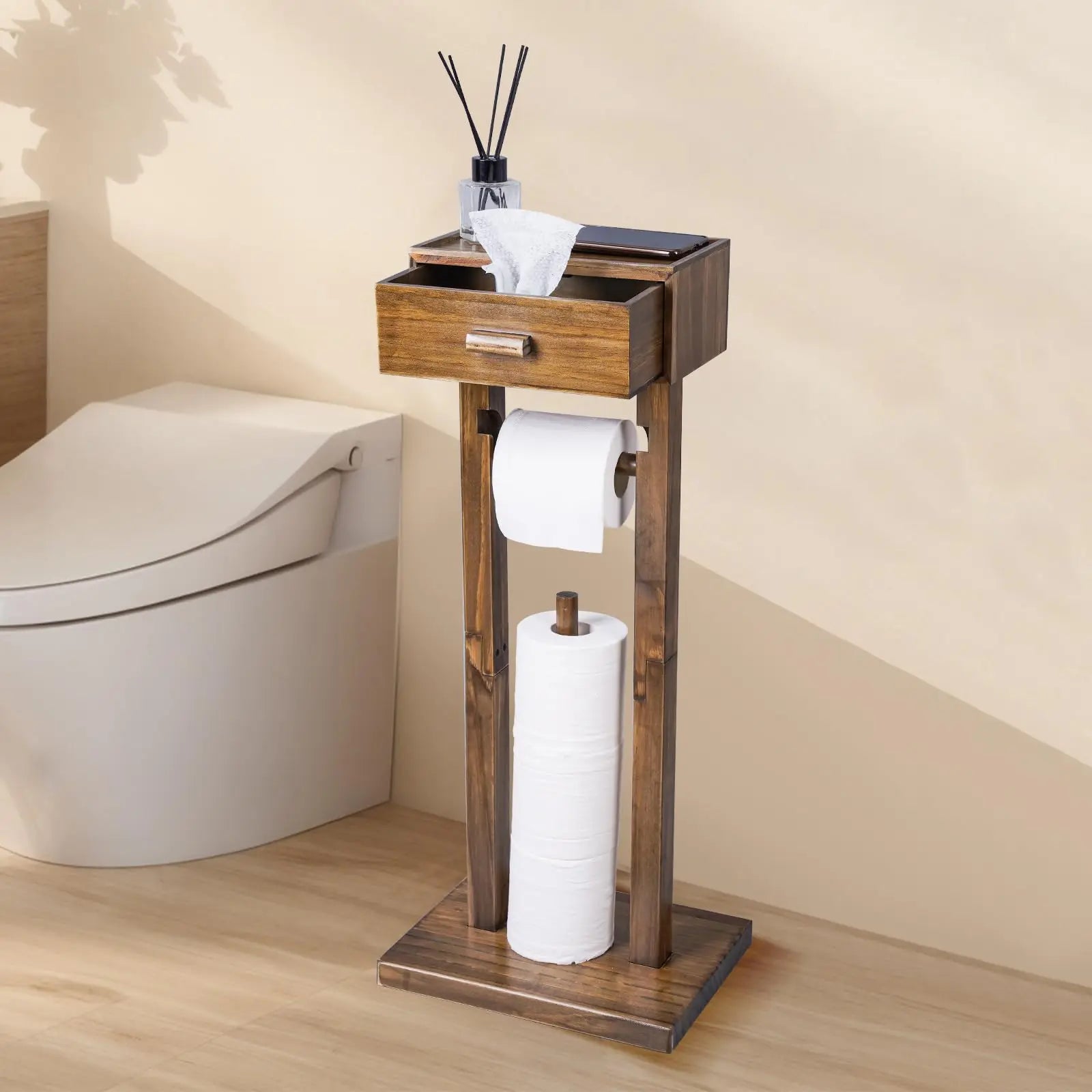 Modern Farmhouse Free Standing Wood Toilet Tissue Paper Holder Bathroom Freestanding Shelf Wipes Organizer Storage Drawer Hand