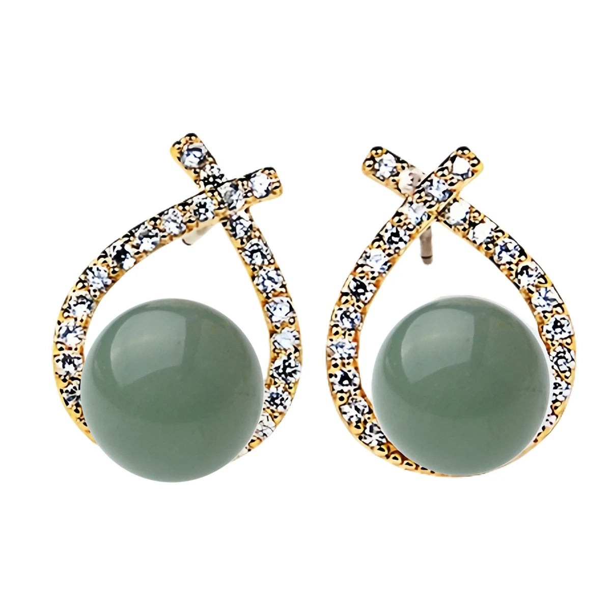 Wholesale New Design Fashion Jeweley Green Aventurine Gemstone  Geometry Rhinestone Pearl Stud Earrings