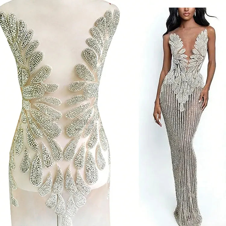 Ins Popular Silver Bodice Jewelry Dress Panel Patch Full Body Hand-Made Gold Rhinestone Applique Bodice Patches for Prom Gown