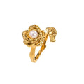 High Quality 18K Gold Plated Stainless Steel Rose Inlaid Open-End Pearl Ring Women's Non-Fading Hand Jewelry Women