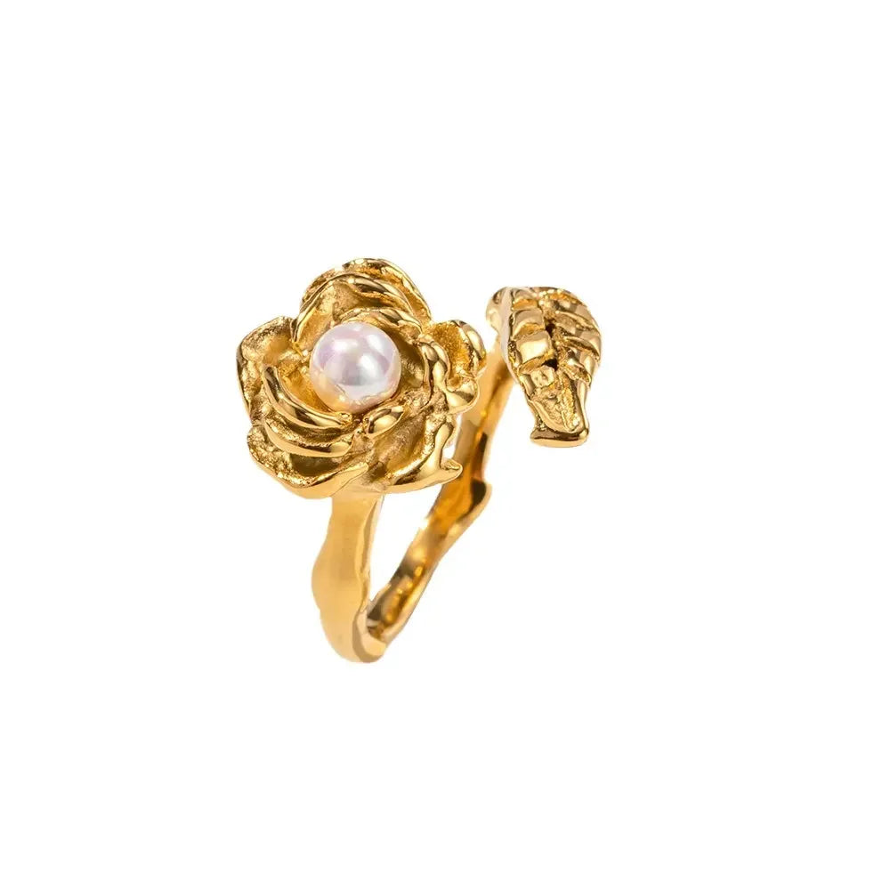 High Quality 18K Gold Plated Stainless Steel Rose Inlaid Open-End Pearl Ring Women's Non-Fading Hand Jewelry Women