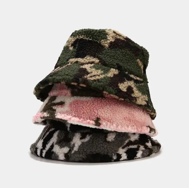 Fashion Camo Warm Caps Wool Faux Fur Winter Bucket Hat for Women  Fisherman Hats Cap Panama Lady