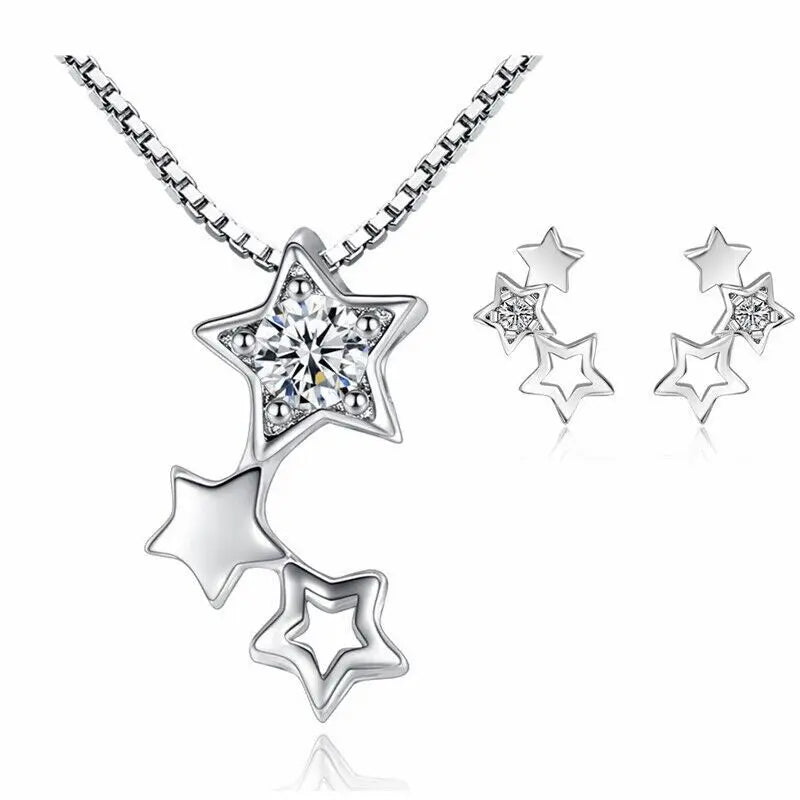 Custom Women Star Earrings and Necklaces Charm 925 Sterling Silver Fine Jewelry Set