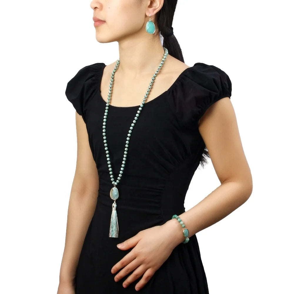 Spring New Fashion Bohemian Style Women Jewelry 8mm Shiny Glass Knot Tassel Natural Stone Charm Bracelet Earring Necklace Set
