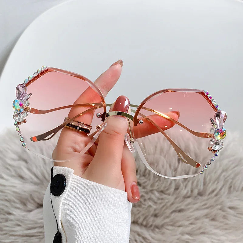 9855 2022 Luxury Designer Crystal Shiny Sunglasses Women New Fashion Diamond Sun Glasses Pink Gradient Female Elegant Shades