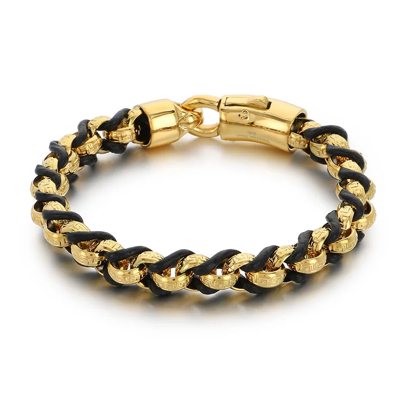 KALEN Fashion 230mm Vintage Stainless Steel Leather Rope Links Bracelet
