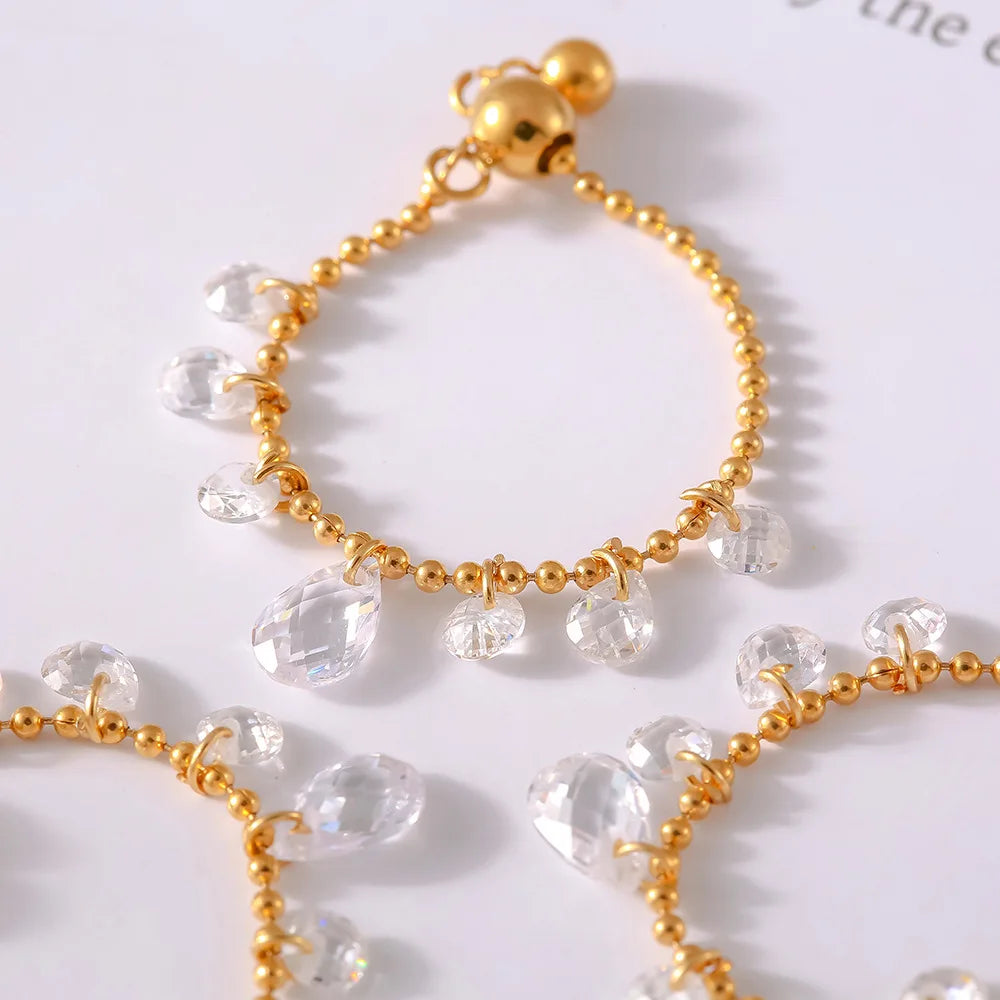 Fashion Waterproof 18k Gold Plated Water Droplet Cubic Zirconia Pendant Stainless Steel Chain Ring YF3850