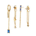 Fashion Popularity Blue Zircon 925 SilverStuds 4pcs/Set 18k Real Gold Plated Chain Star element Drop Earrings Set for Women