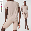 Wholesale Quick Drying Yoga Two Piece Set Round Neck Loose Hem Short Sleeve High Waist Shorts Running Sports Set