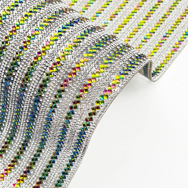 24*40cm Phantom Color Shine AB Crystal Glass Cloth Patch Applique for Garment DIY Iron-on Rhinestone Hot Fix Glue Hot Garments