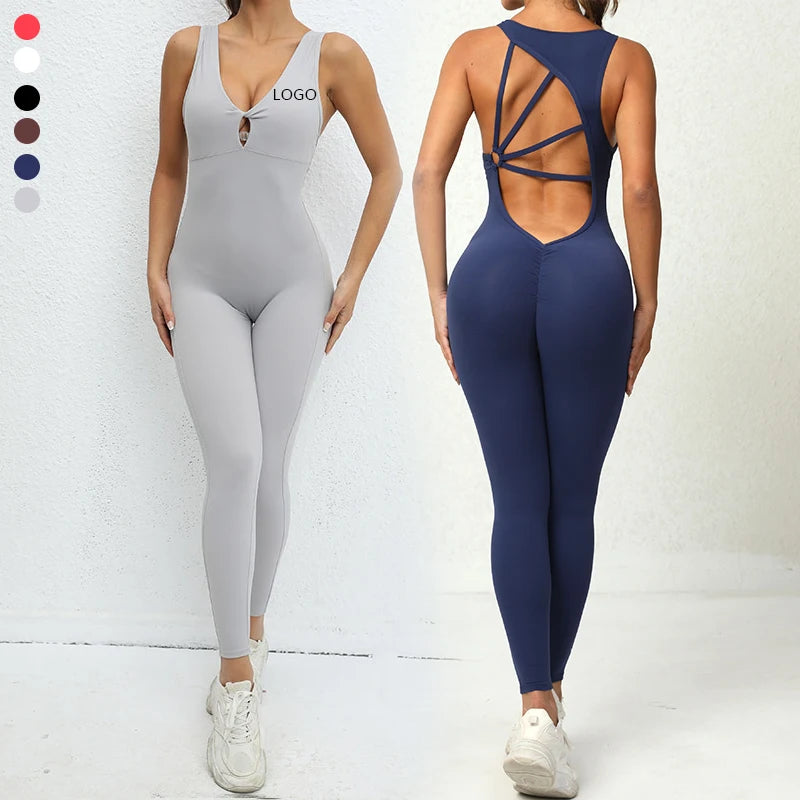 New Design Women's Fitness Yoga Rompers One Piece Gym Casual Leggings Scrunch Butt Hallow Back Workout Jumpsuit Sweat-Wicking