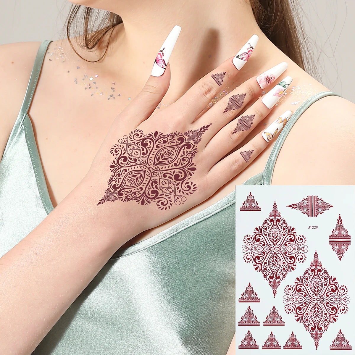 Five & Ten OEM Factory Spot Brown Henna Lace Tattoo Temporary Sticker Body Art Middle East India Hand Back Tattoo Sticker