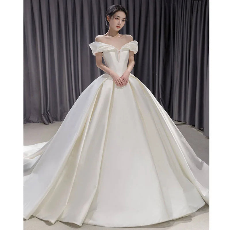 Women Satin Face a Word Shoulder Evening Long Party Wedding Premium Dress