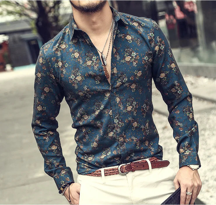 2023 New Men's 3D Printed Shirt Casual Vintage Floral Shirt