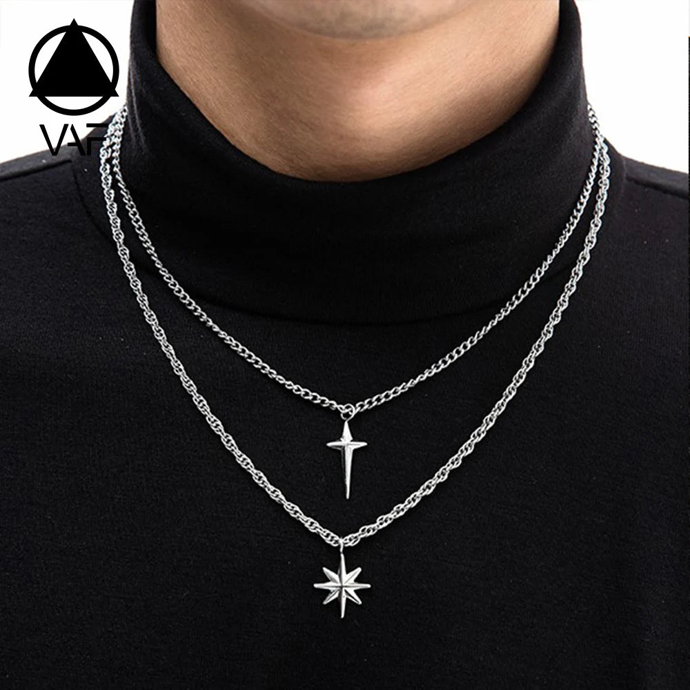 VAF 45CM/55CM Cross Hexagram Stainless Steel Pendant Necklace Collier Pendentif Halskette Edelstahl