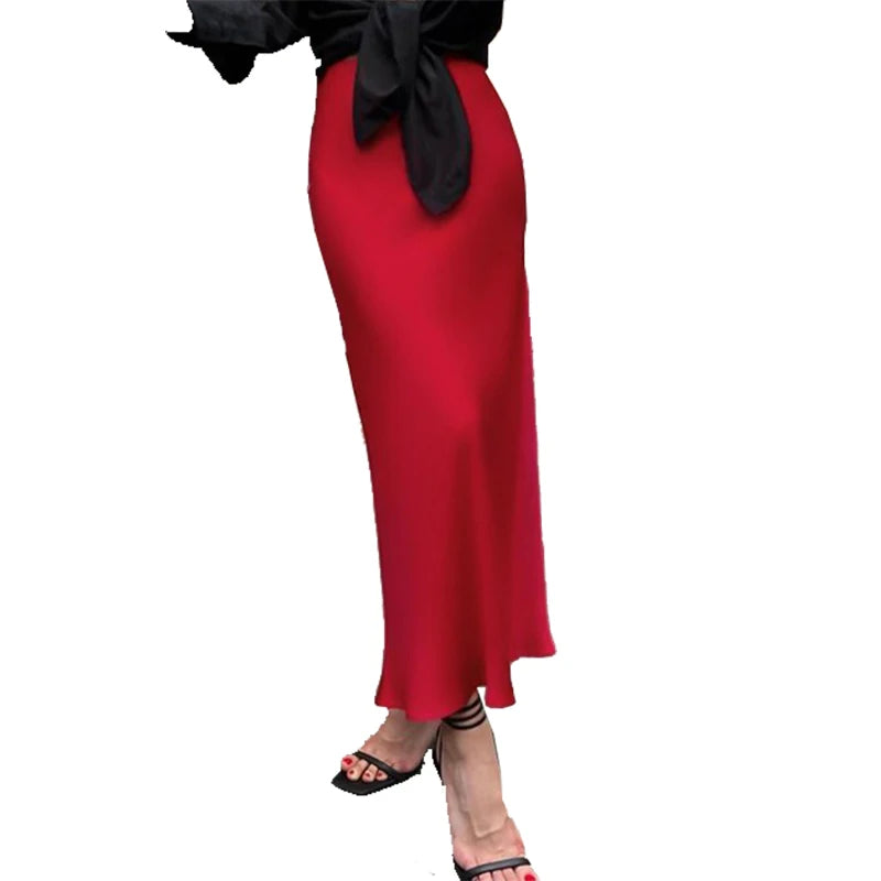 New Arrival Women's Elegant Solid Color Satin High Waist Midi Skirt Breathable Empire Anti-Static Summer Korean Style Business