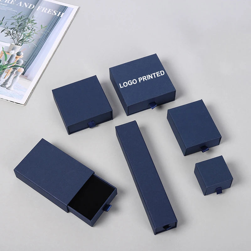 Wholesale Customized Slid Drawer Bracelet Box Jewelry Necklace Ring Navy Blue Jewelry Packaging Box Porta Joias Caixas De Joias