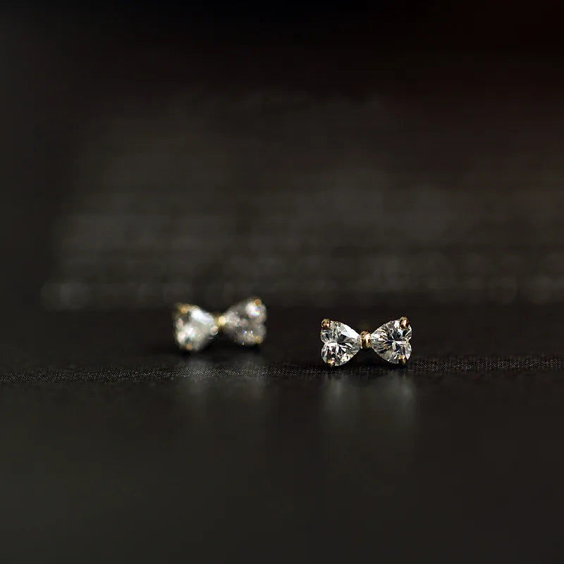 Korean Fashion Simple Pure 925 Sterling Silver Cute Zircon Bow Tie Shaped Stud Earrings for Women Girls