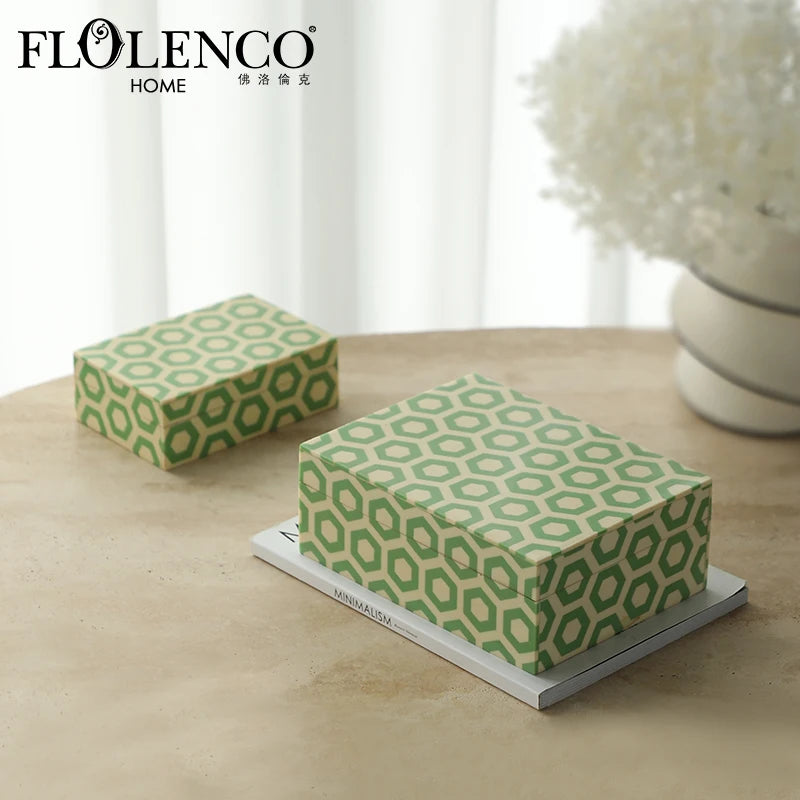 Flolenco Modern Rectangle Faux Cow Bone Wood Velvet Lining Buckle Closure Storage Box Landau Moon Jewelry Organizer Stylish Home