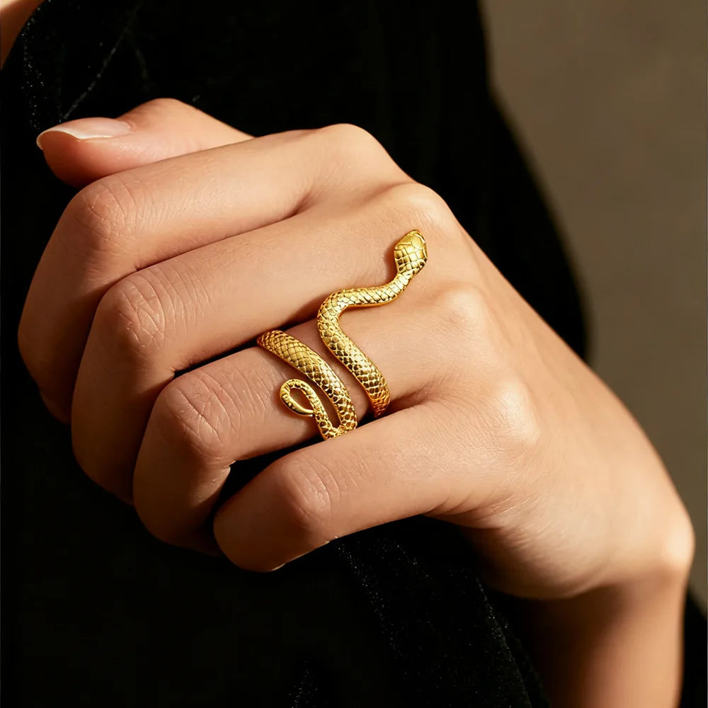 N&S Stainless Steel 18K Gold Plated Snake Pattern Open Ring Modern Wrapped Design Fashion Unique Waterproof Jewelry for Women