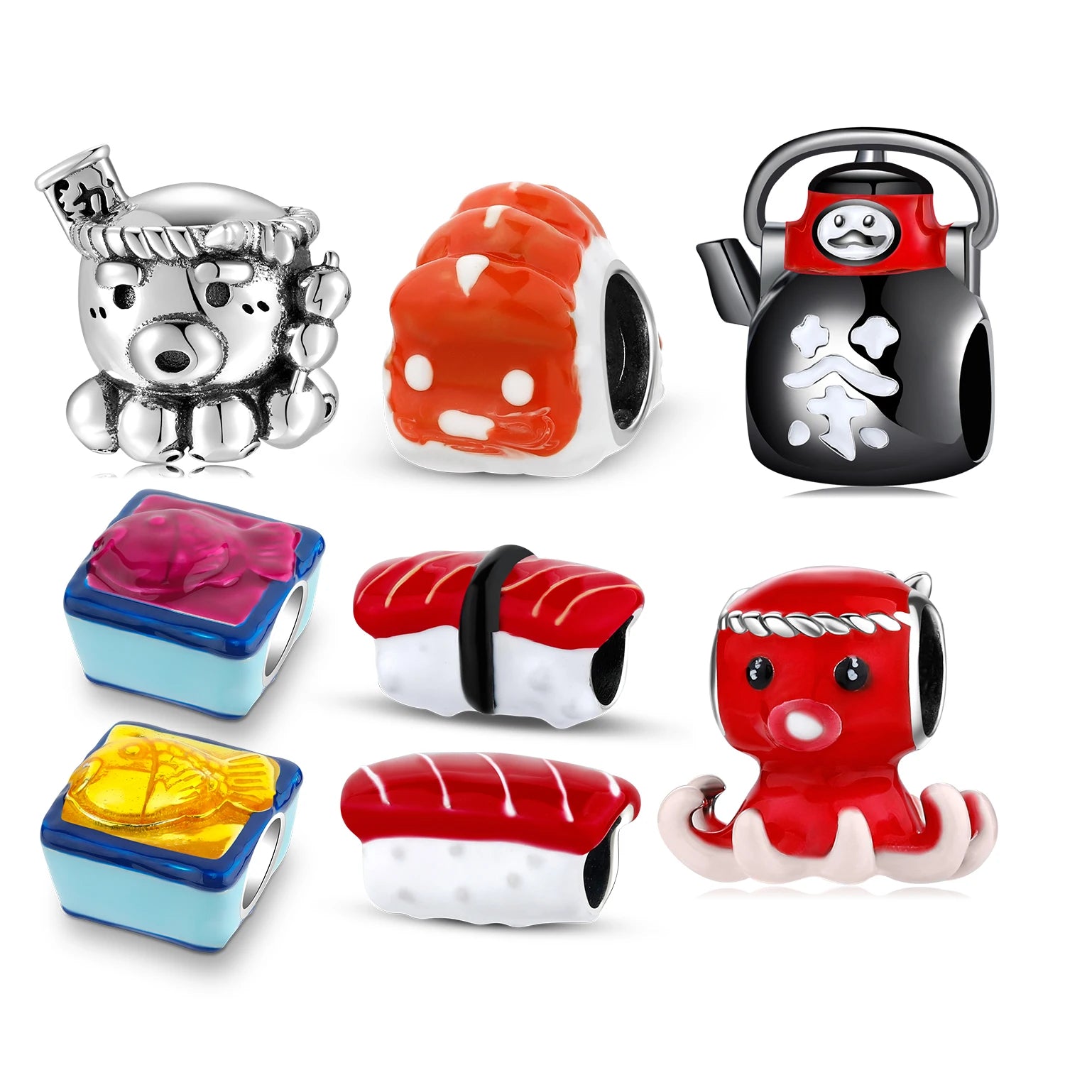 Real 925 Sterling Silver Delicious Seafood Sushi Octopus Teapot Fine Beads DIY Charms for Bracelet Women Jewelry Gift Making