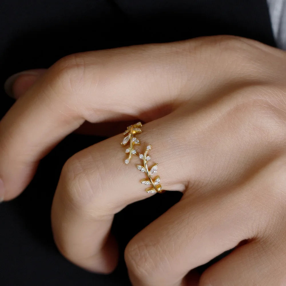 New Design 925 Sterling Silver Rings 18K Gold Plated Leaf Zircon Rings for Girls