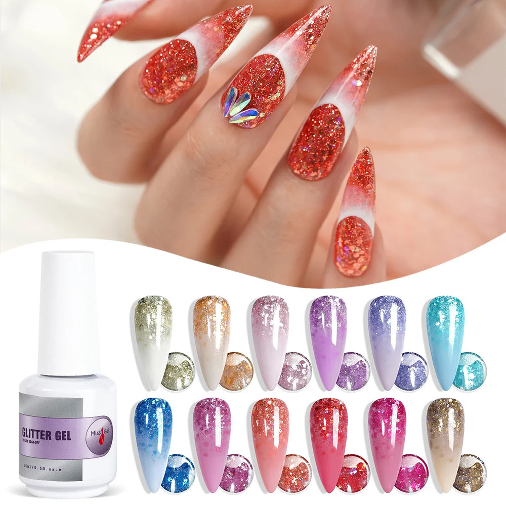 Missgel Gold Glitter Gel High Quality Color Esmaltes Semipermanentes Create Your Own Brand UV Nail Glitter Gel Polish