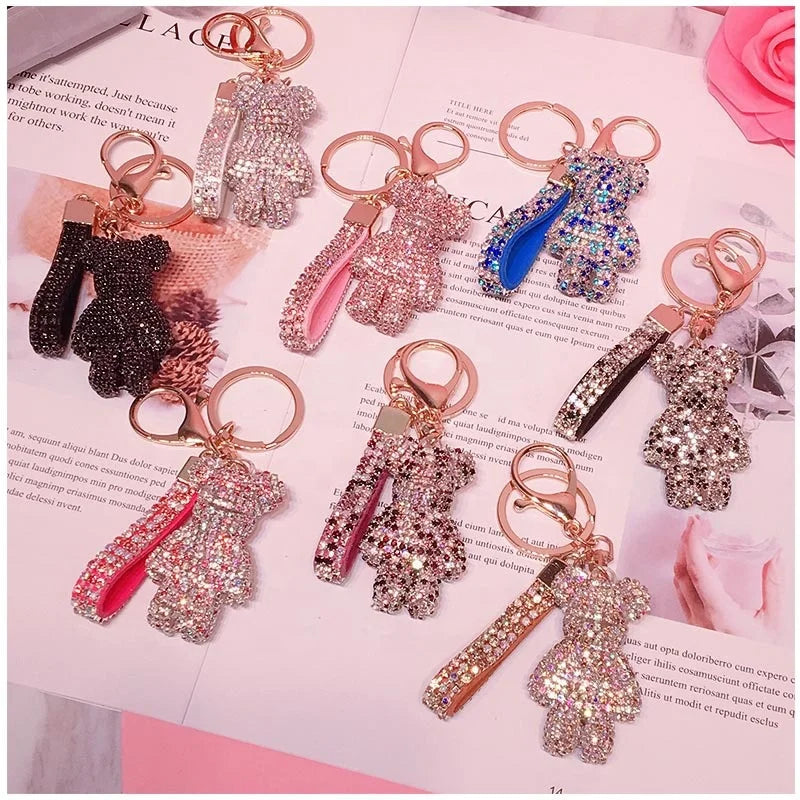 Creative Cute Rhinestone Bear Key Chain Women Crystal Animal Keychains