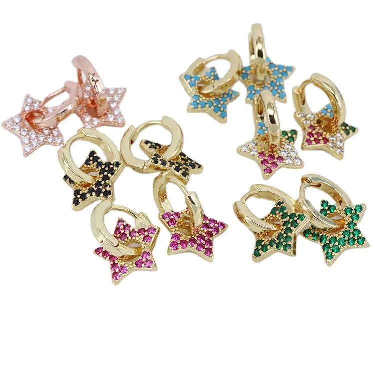EC1640 New Mini Small Chic Rainbow 18k Gold Plated Zircon CZ Micro Pave Star Charm Huggies Earring