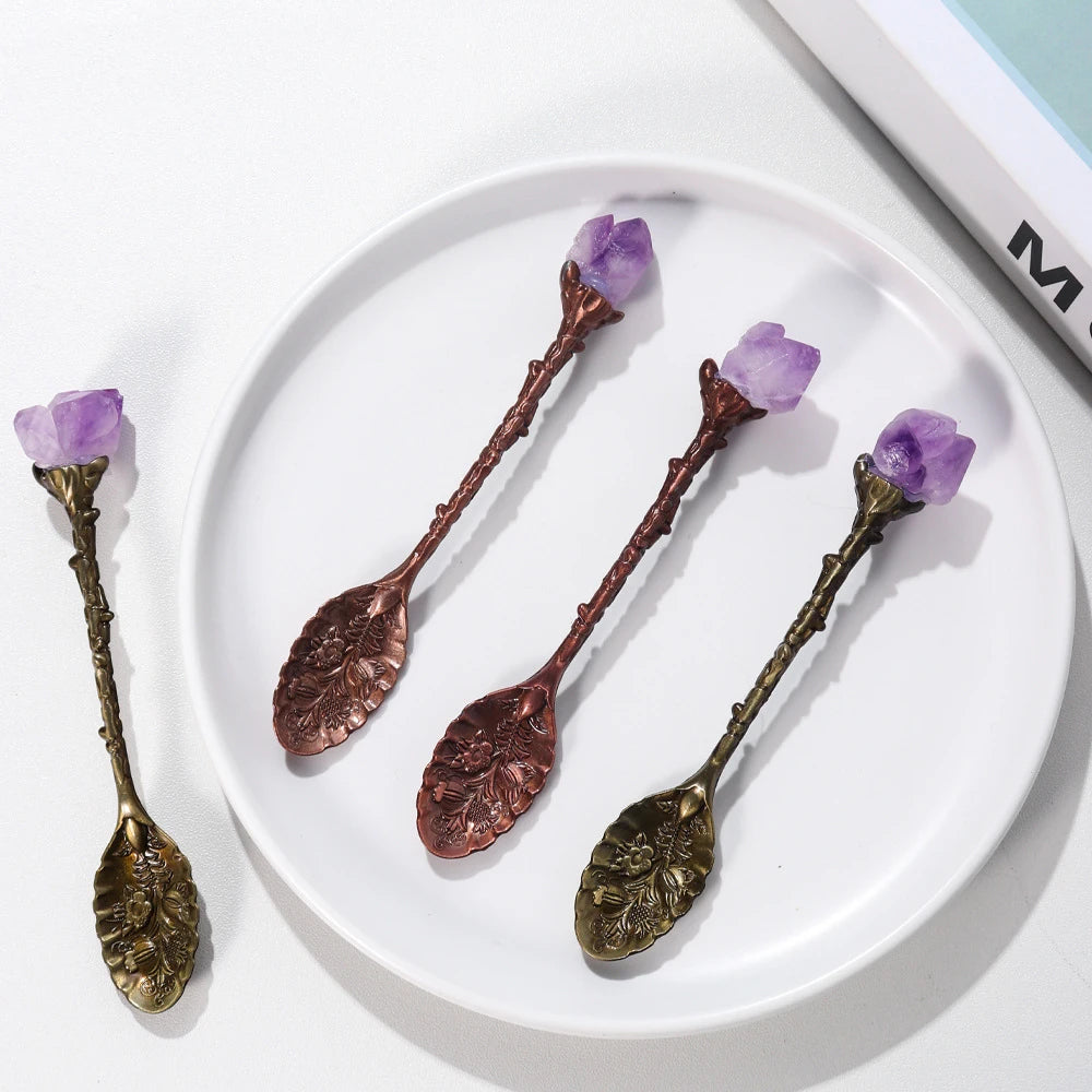 Stock Crystal Amethyst Tooth Copper Spoon Handmade DIY Carving Long Handle Stirring Spoon for Tableware Sets