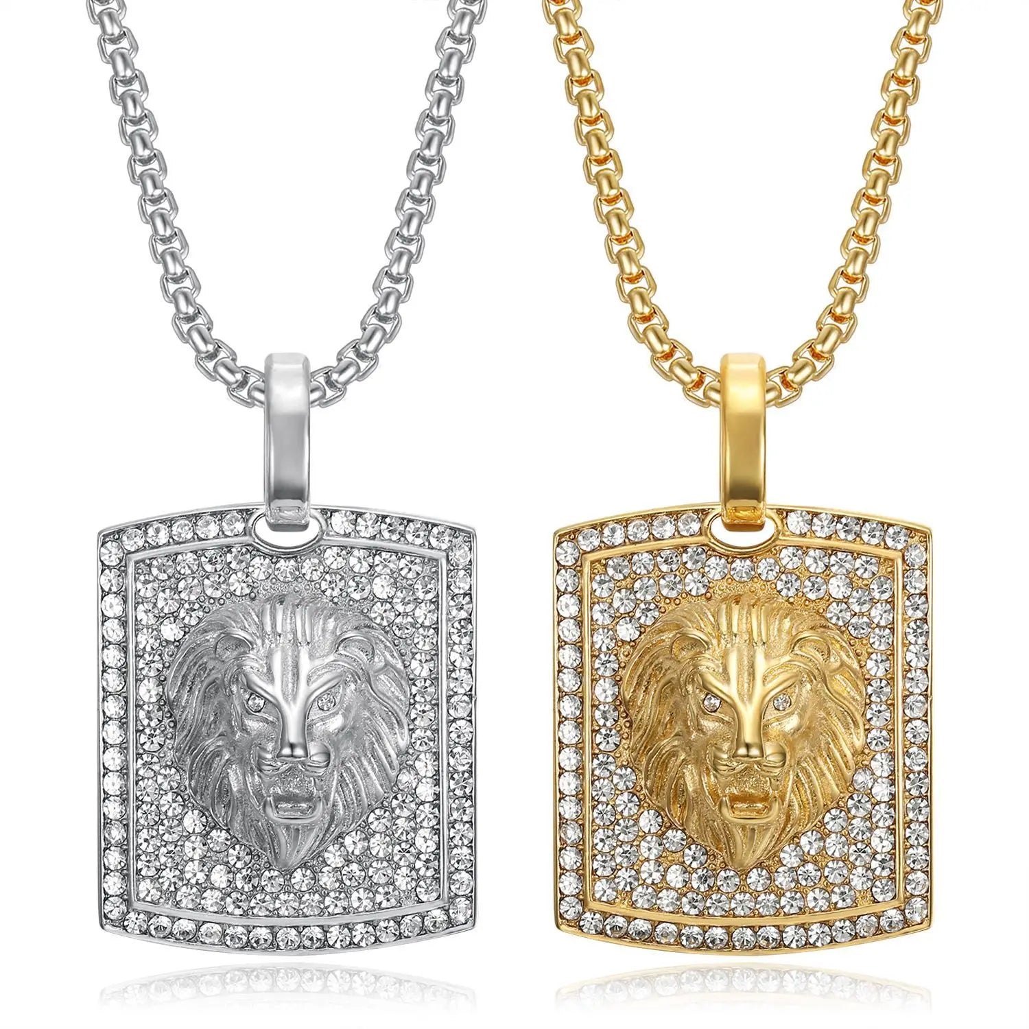Men's Hip Hop Style PVD Gold Plated Crystal Lion Pendant Necklace Stainless Steel Box Chain Featuring Zircon for Party Christian