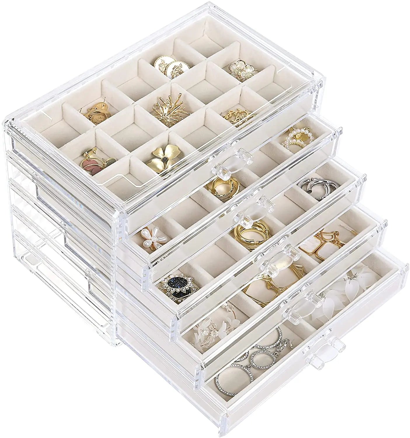 Clear Acrylic Jewelry Box with 5 Drawers Birthday or Mother's Day Gift Elegant Velvet Ring Box for Women