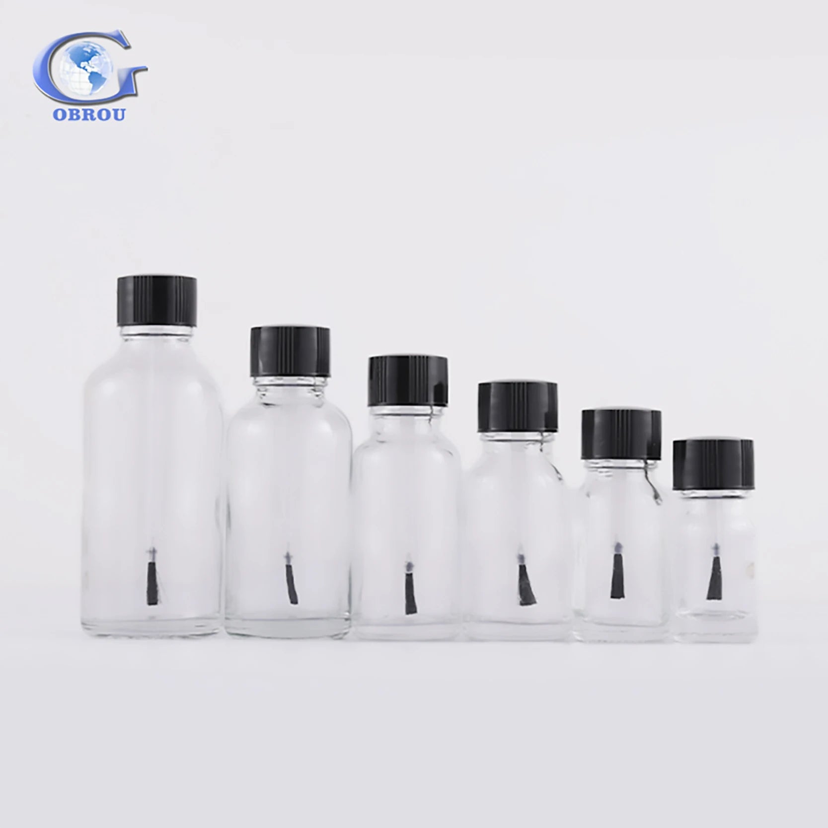 Unique Transparent Cosmetics Gel Nail Polish Glass Remover Bottle 5ml to 100ml Sizes with Brush Caps and Glass Bottles